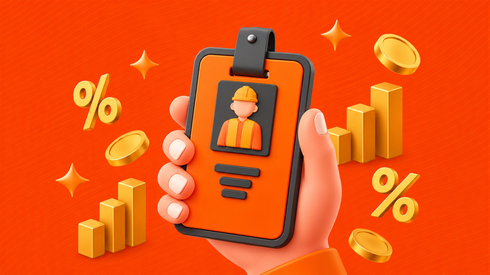 Ilustração PegPay: mão segura um crachá digital de trabalhador com capacete, cercado por ícones de porcentagem e gráficos de crescimento, representando o crédito consignado CLT