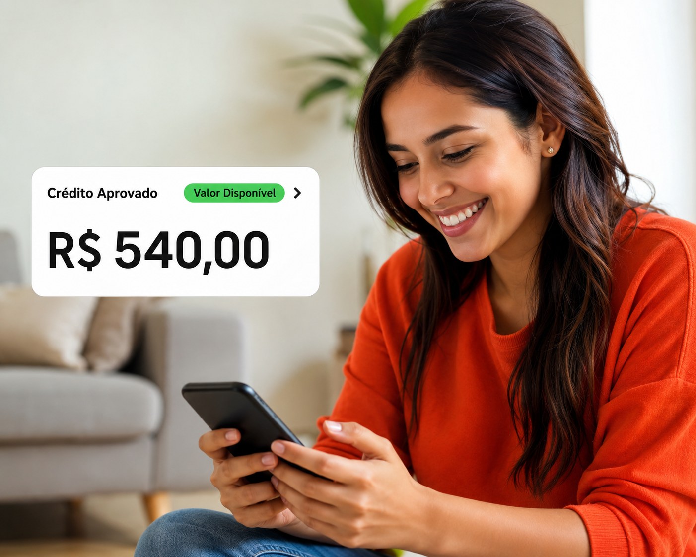 Pessoa sorrindo ao ver a aprovação de um crédito no celular