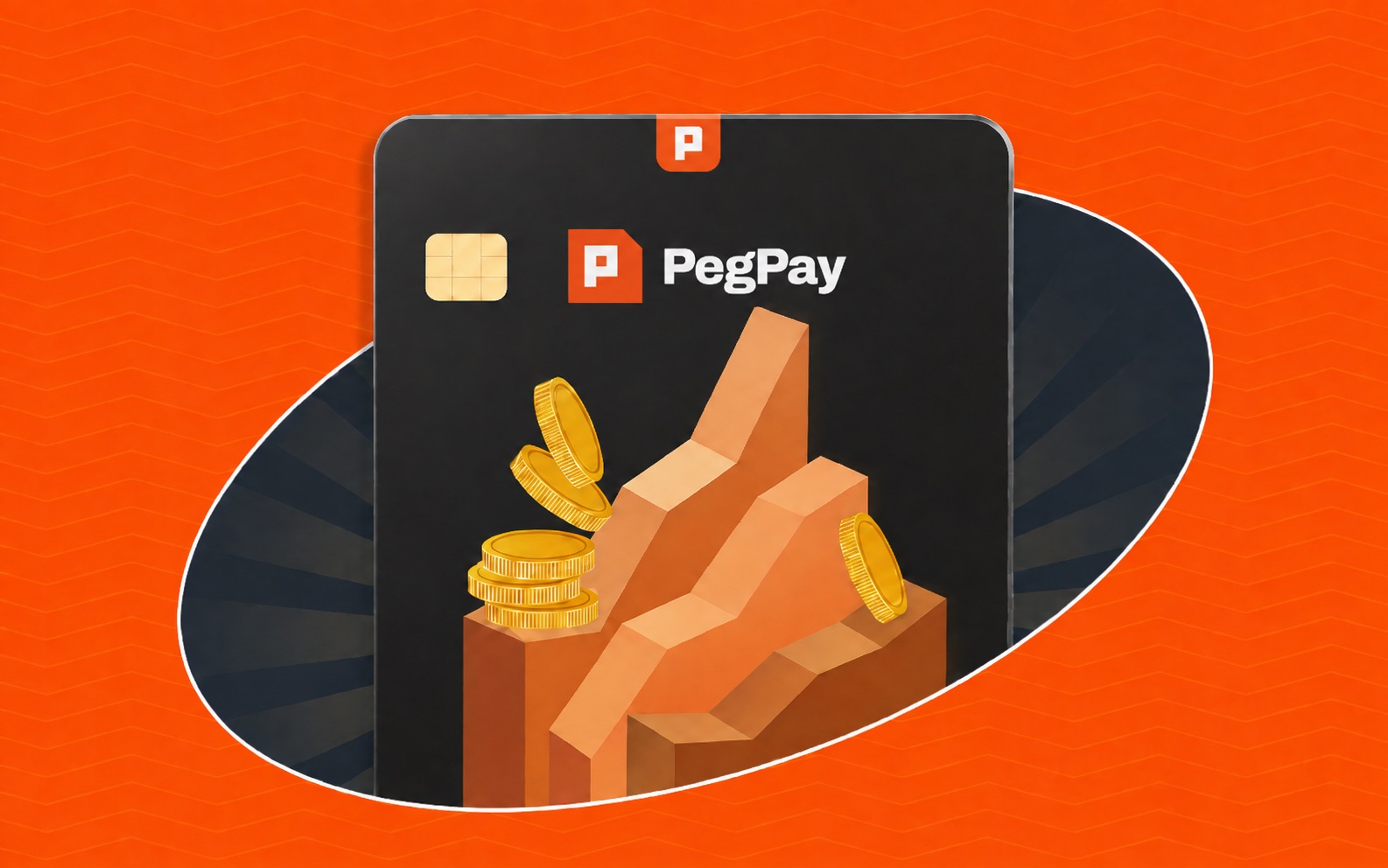 Cartão de crédito PegPay preto com o símbolo e o logotipo da marca, ao lado de moedas de ouro empilhadas
